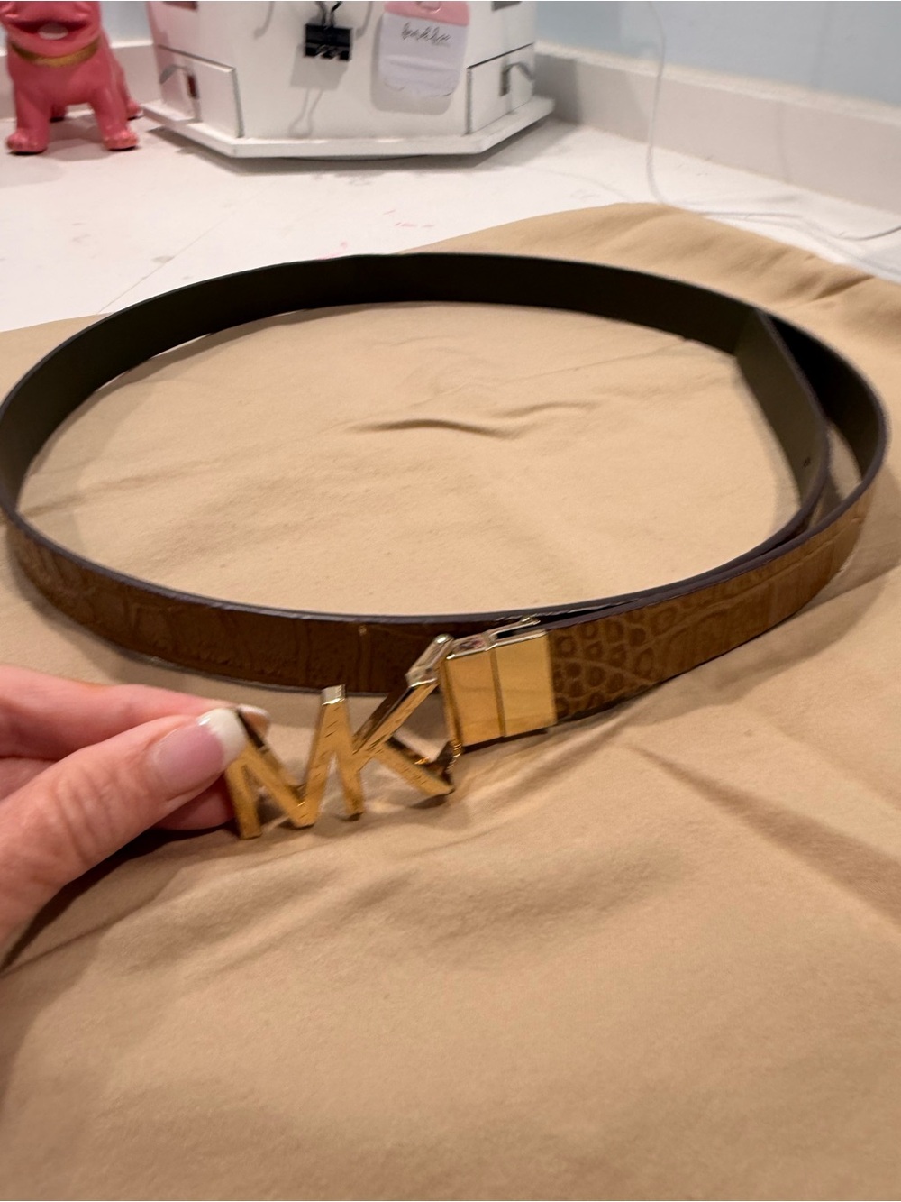 Michael Kors Brown Croc-Embossed Leather Belt with Gold MK Buckle, Size XL